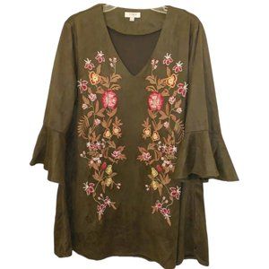Umgee Dress Womens Green Multicolor Boho Embroidered Bell Sleeve Tunic Size L